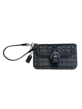 Coach Signature Wristlet Wallet Black Gray Monogram Buckle Clutch